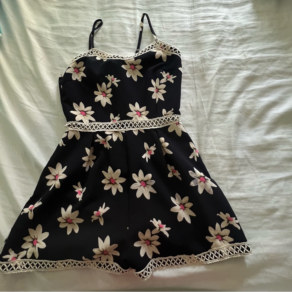 Floral Black Jumpsuit with White and Pink Accents